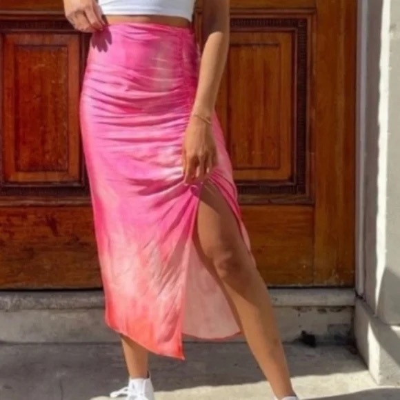 Zara Skirts Nwt Zara Pink Orange Ombr Tie Dye Draped Satin Skirt